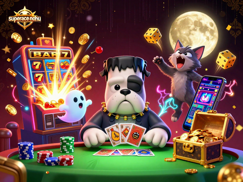 Engage with superace-nohu through vibrant 3D casino illustration featuring characters and dynamic slot game elements.