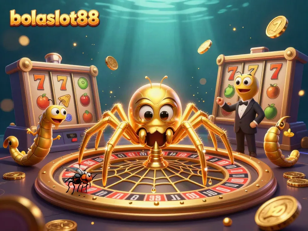 Bets are placed at bolaslot88 with a 3D spider and centipede dealer in a vibrant casino web.