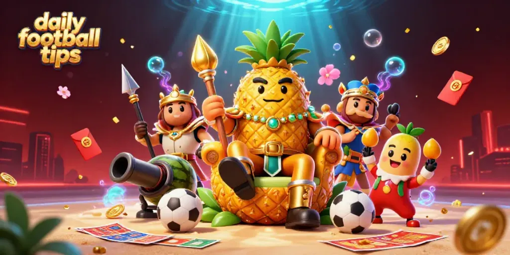 Experience daily football tips with vibrant characters in a dynamic casino setting, showcasing sports betting elements.