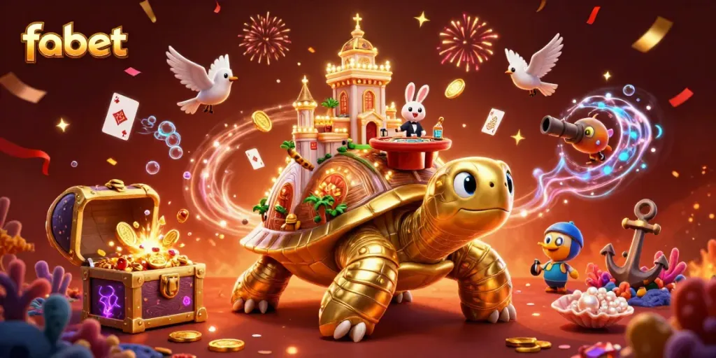 Experience vibrant casino excitement with fabet as a golden tortoise carries games, confetti, and celebrating characters.