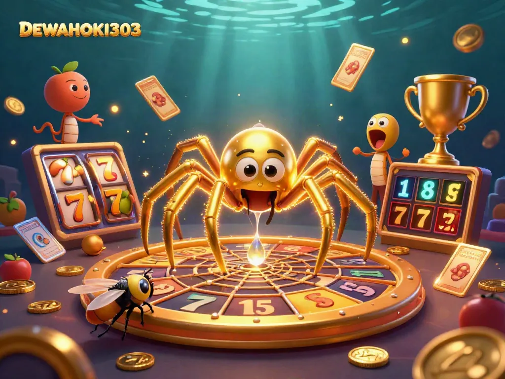 DEWAHOKI303 memutar jackpot dengan laba-laba besar dan elemen slot yang berkilau.
