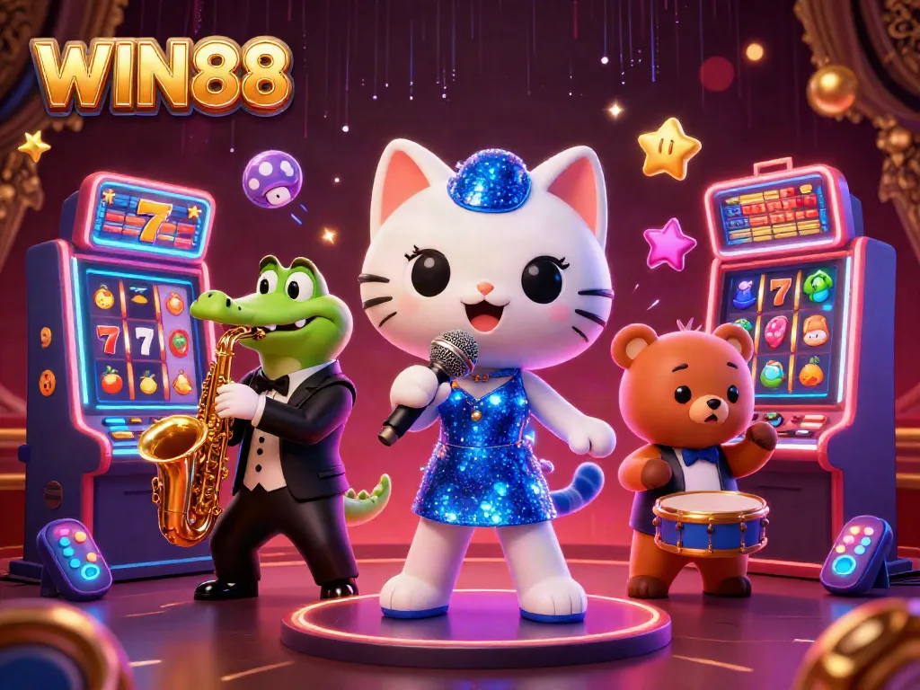 Experience WIN88 thrills with a vibrant 3D casino scene featuring lively characters and engaging game elements.