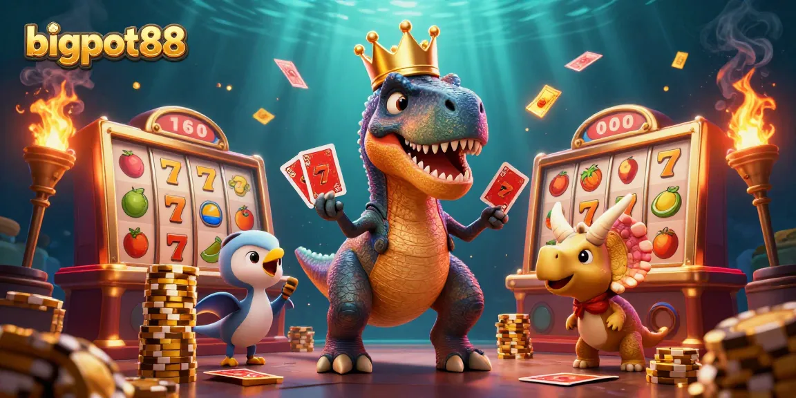 bigpot88 menghadirkan keseruan permainan slot dengan karakter T-Rex lucu dan chip emas yang menumpuk