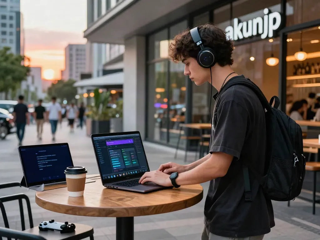 A young individual engaging in online gaming related to akunjp in a dynamic urban café setting.
