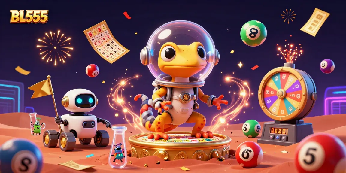 Experience the excitement of BL555 with a Martian gecko celebrating at a golden casino on Mars.