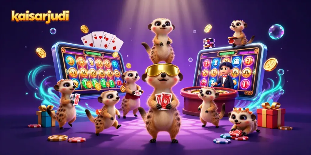 Engage with kaisarjudi's vibrant 3D casino scene featuring meerkats running games.