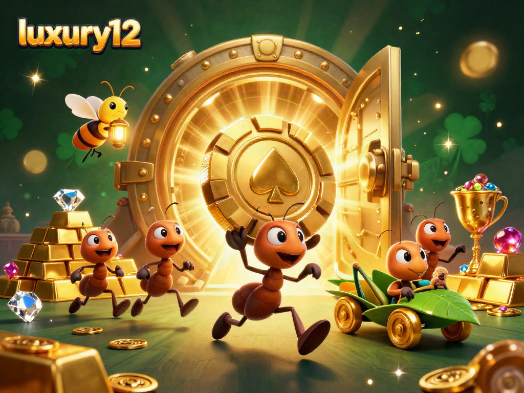 Ants pulling a giant chip in the luxury12 casino heist, with golden treasures and gems.