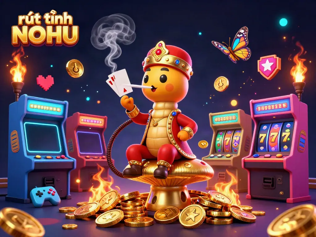 Engage in exciting rút tiền NOHU gameplay as vibrant characters fill the casino scene, illustrating dynamic arcade elements and golden treasures.