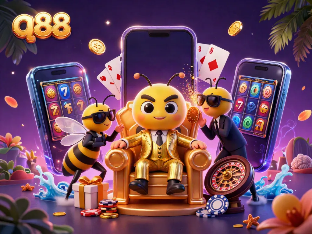 Spin the reels and win big with q88 in a vibrant 3D casino scene filled with action.