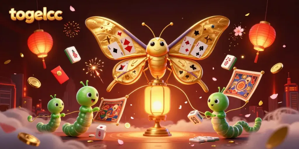 Experience the vibrant atmosphere of togelcc with a majestic moth illuminating a casino scene.