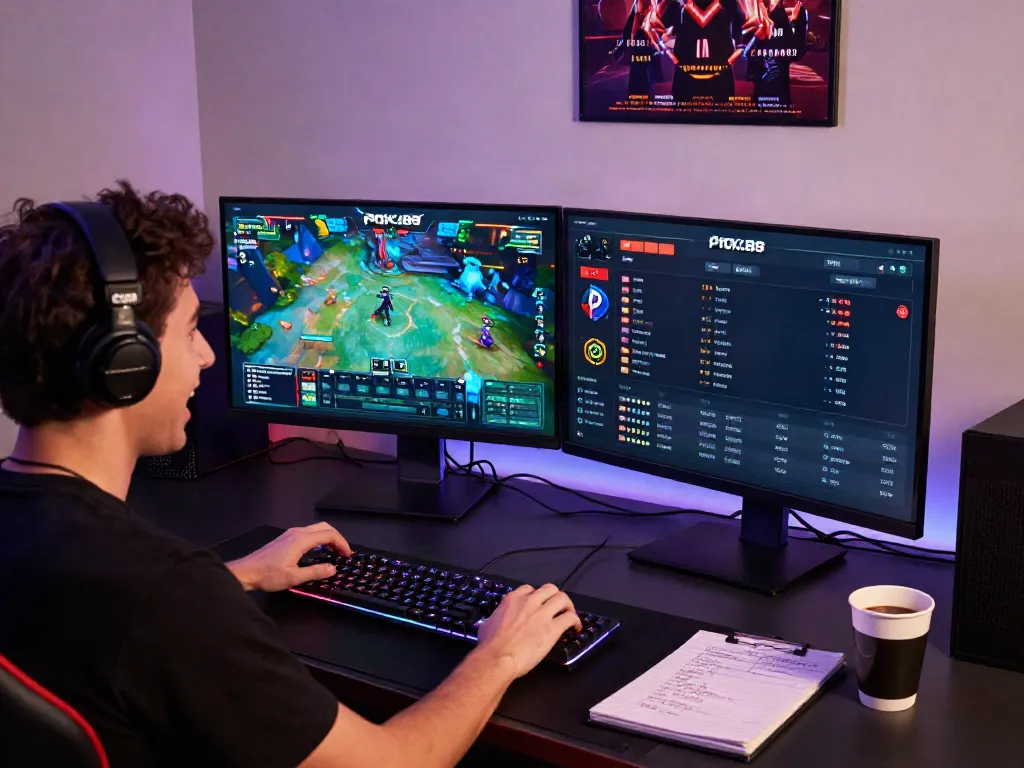 Excited player engaging with POKA88 online gaming platform at dual screens with gaming peripherals.