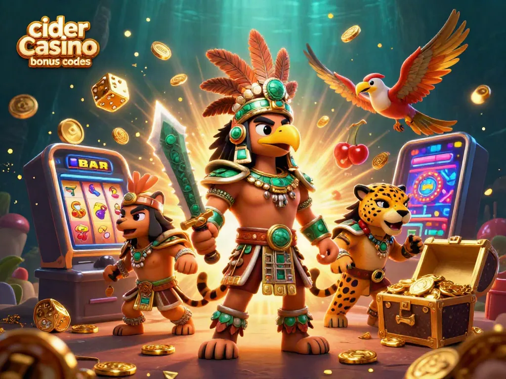 Play with cider casino bonus codes in an exciting 3D casino scene filled with vibrant game symbols.