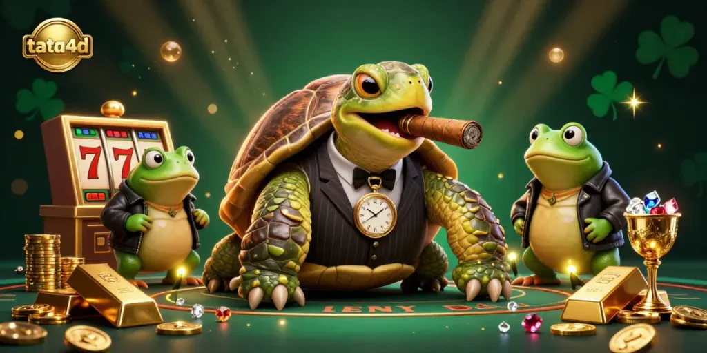 Experience the thrill of tata4d with a vibrant casino scene featuring colorful slot machines and treasures.