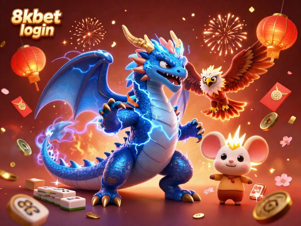 Engaging 8xbet login scene with dragon, hawk, and thunder mouse in a rich casino atmosphere.