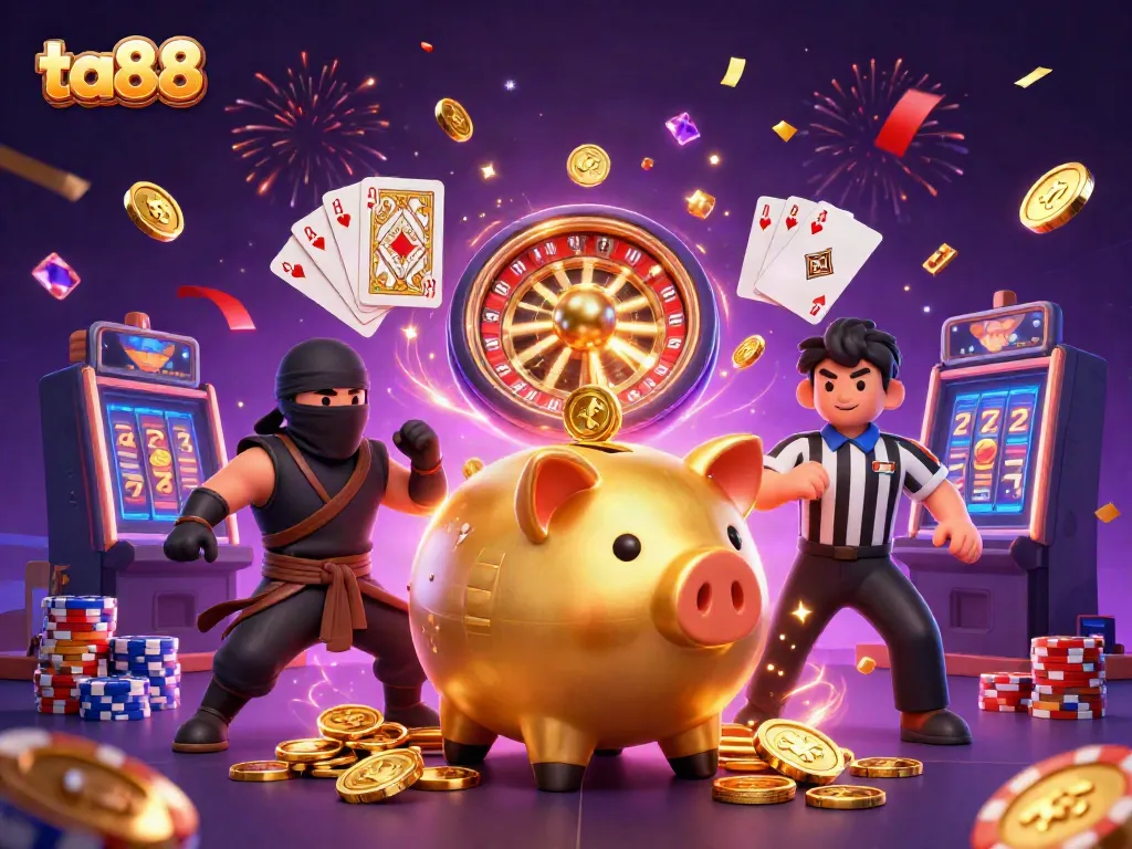 Experience the excitement of ta88 with a vibrant 3D casino scene showcasing dynamic characters and dazzling game elements.