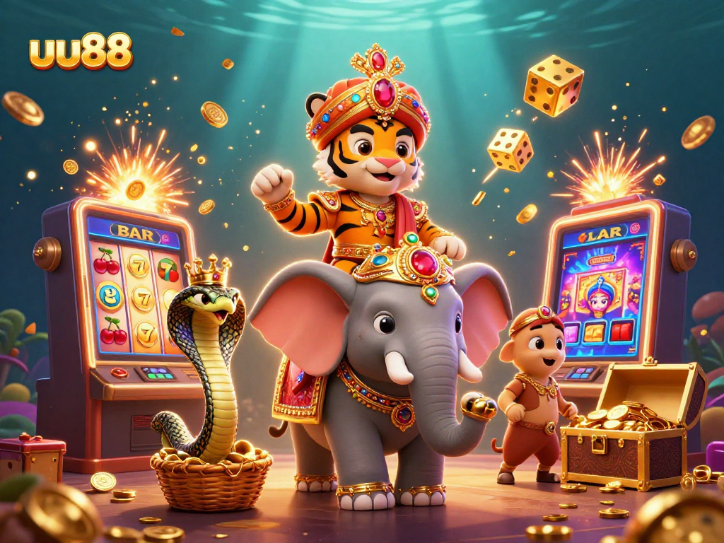 Experience the thrill of uu88 with a vibrant casino scene featuring jackpot slot machines and exotic characters.