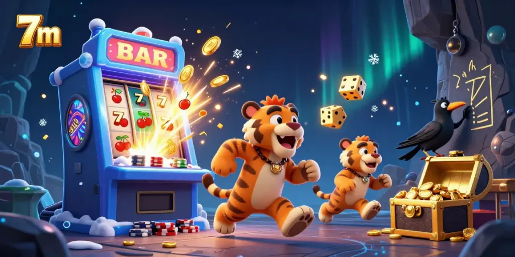 Experience the thrill at 7m with a vibrant, dynamic casino scene featuring 3D characters and exciting game elements.
