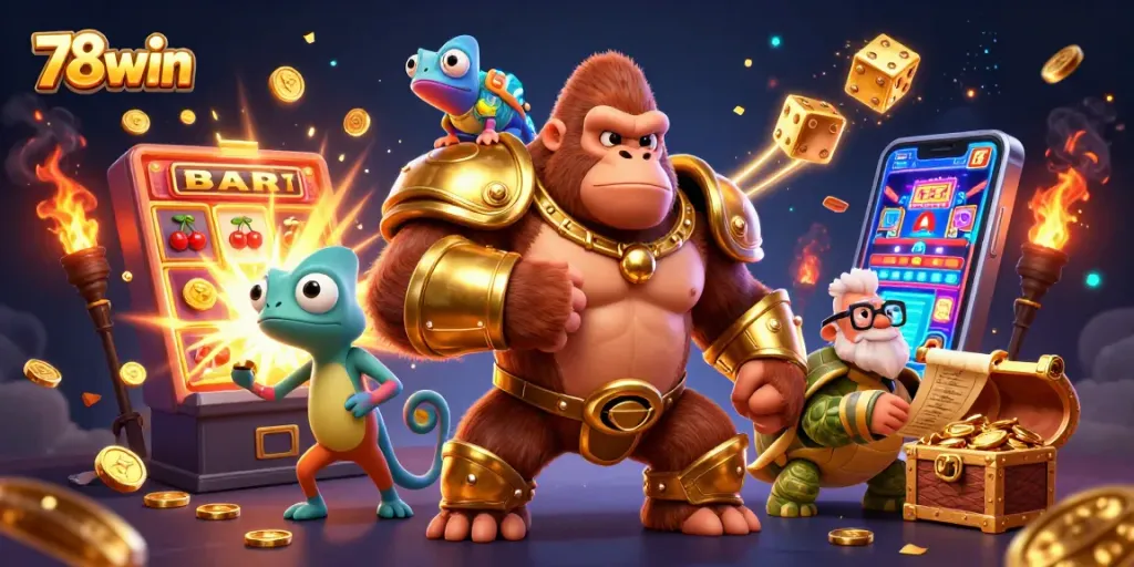 Experience thrilling wins with 78win's vibrant casino scene featuring dynamic characters and a jackpot explosion.