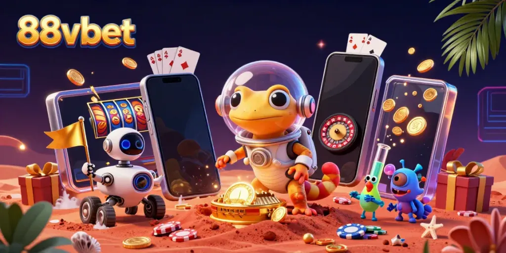 Experience the thrill of 88vbet with a Martian gecko discovering a golden casino, bursting with vibrant gaming elements.