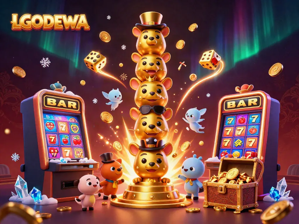 Win big with LGODEWA: a vibrant 3D casino scene featuring dynamic totem characters and dazzling game elements.
