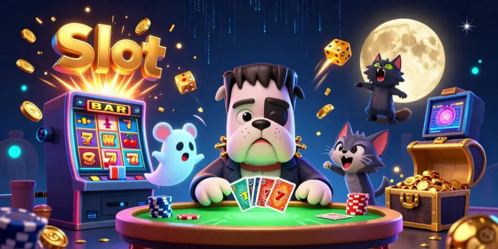 Join the excitement of Slot with a cartoon bulldog dealer and playful casino elements