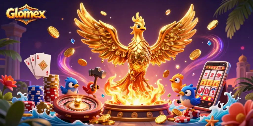 Engage with Glomex casino experience through vibrant golden elements and thrilling gaming visuals.