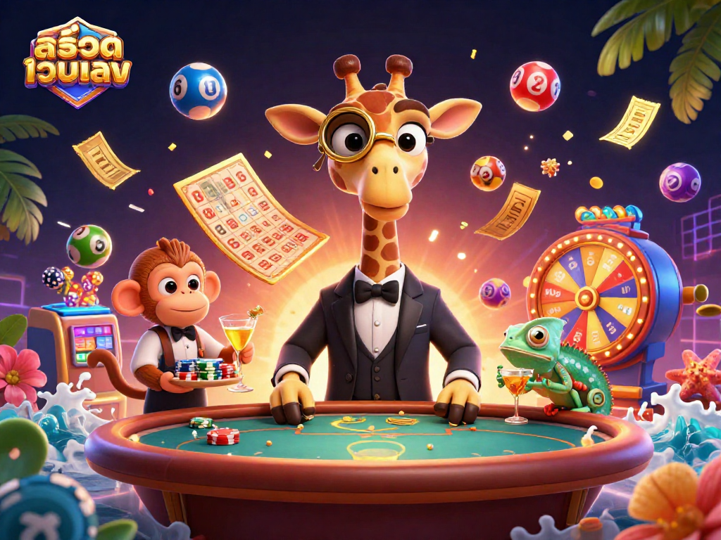 Engage with สล็อตเว็บตรง as the vibrant 3D high-roller characters celebrate casino wins amid rolling lottery balls.