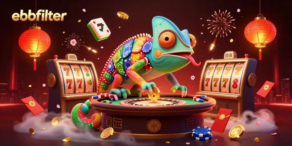 Catch exciting slots and jackpots at ebbfilter with a vibrant chameleon casino owner amidst festive decor.