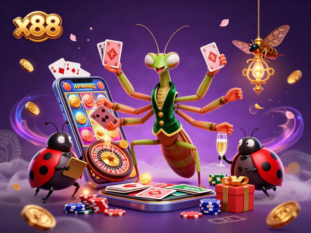 Experience the excitement of x88 with a vibrant scene showcasing a praying mantis card sharp and ladybug pit boss amidst dynamic casino elements.