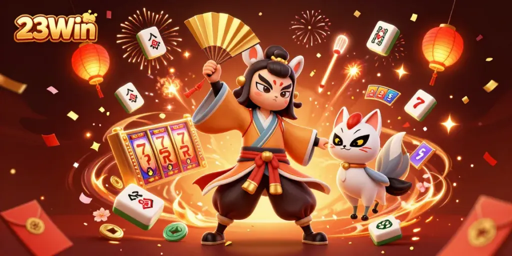 Engage with 23Win's exciting slots as a kabuki warrior and kitsune transform the scene.