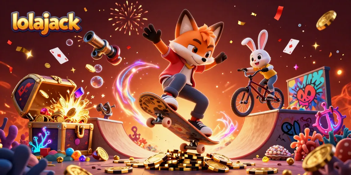 Capture the action with lolajack as a skateboarder fox and BMX rabbit do tricks amidst casino treasures.