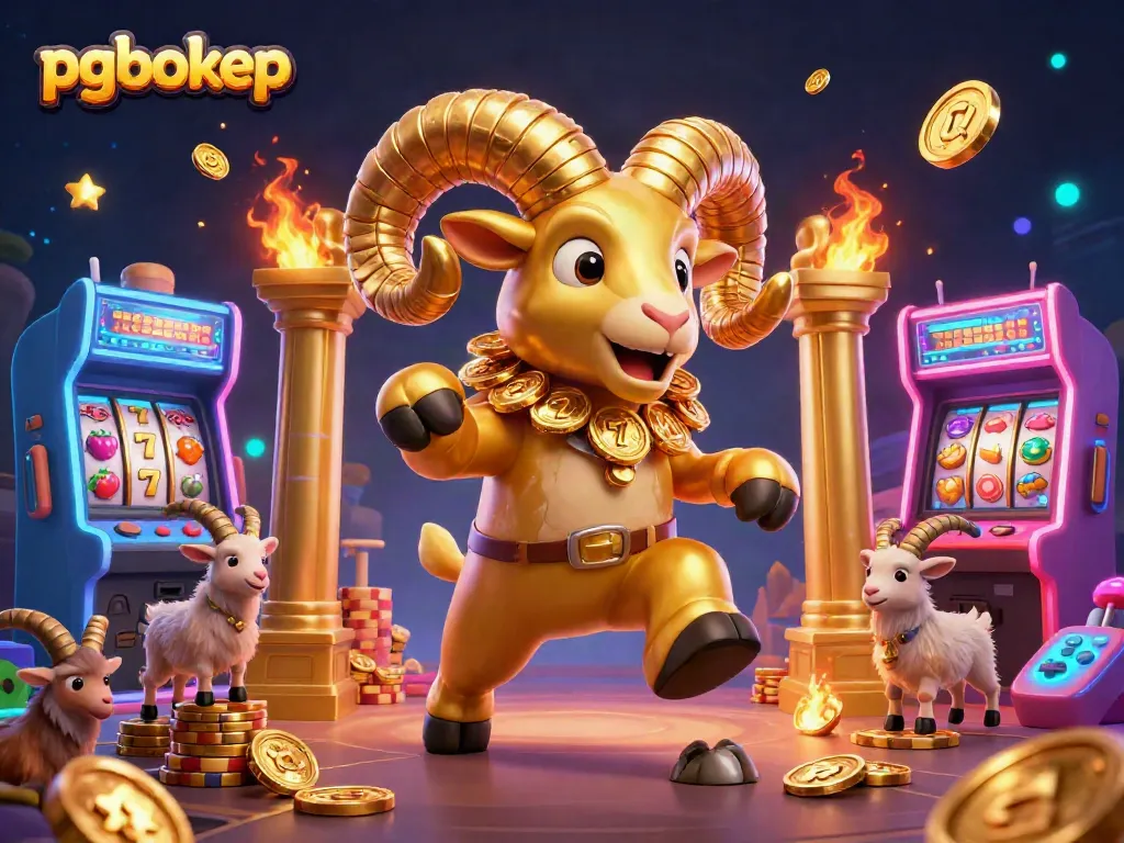pgbokep engages players with a thrilling golden ram charging at a vibrant casino gate amidst classic gambling elements.