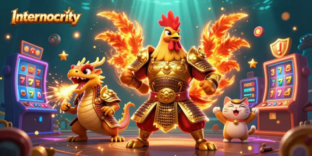Engage in thrilling online gambling with internocracy as the rooster warrior and dragon hatchling celebrate big wins.
