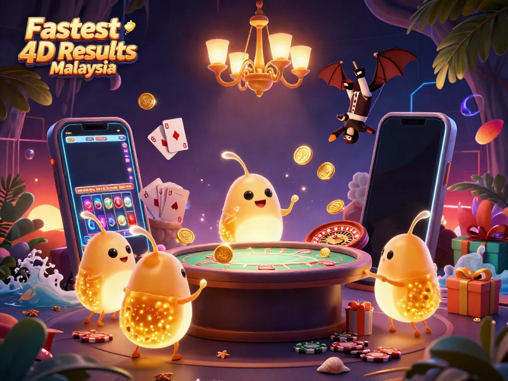 Experience the Fastest 4D Results Malaysia with a vibrant casino scene featuring glowworms and a bat dealer.