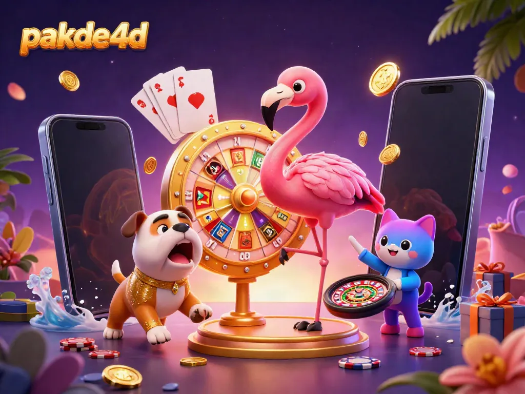 Engage with pakde4d in a vibrant casino atmosphere featuring a game show host flamingo, bulldog contestant, and cat assistant.