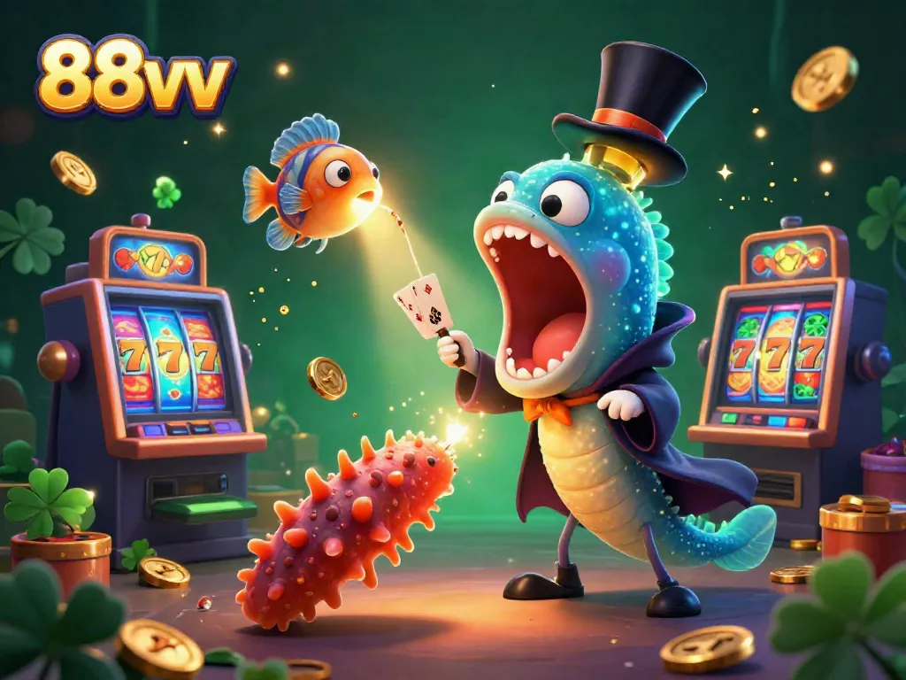 Experience the thrill of 88vv with a vibrant card trick scene featuring deep-sea elements, slot machines, and magical characters.