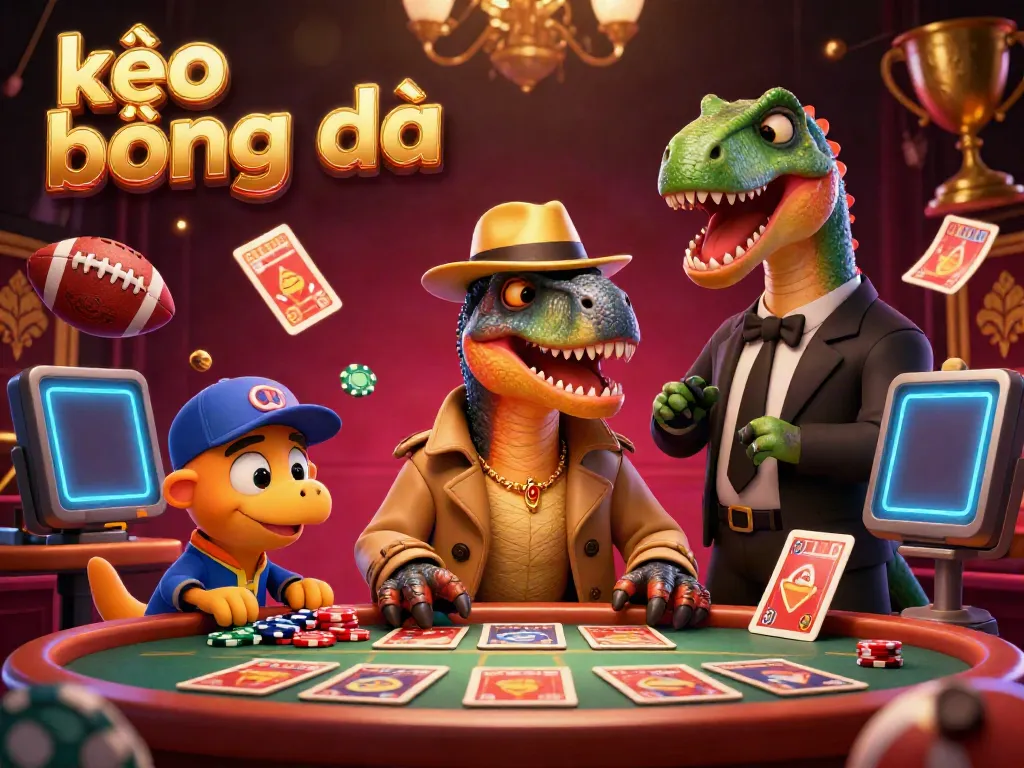 Kèo bóng đá betting scene with cartoon velociraptor and stegosaurus, capturing a vibrant sports betting atmosphere.