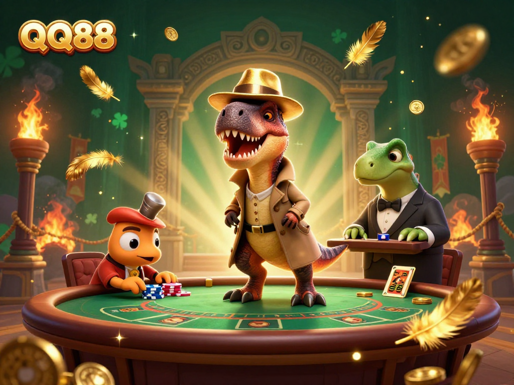 Experience the action at QQ88 with a velociraptor card counter at a blackjack table, surrounded by excitement.