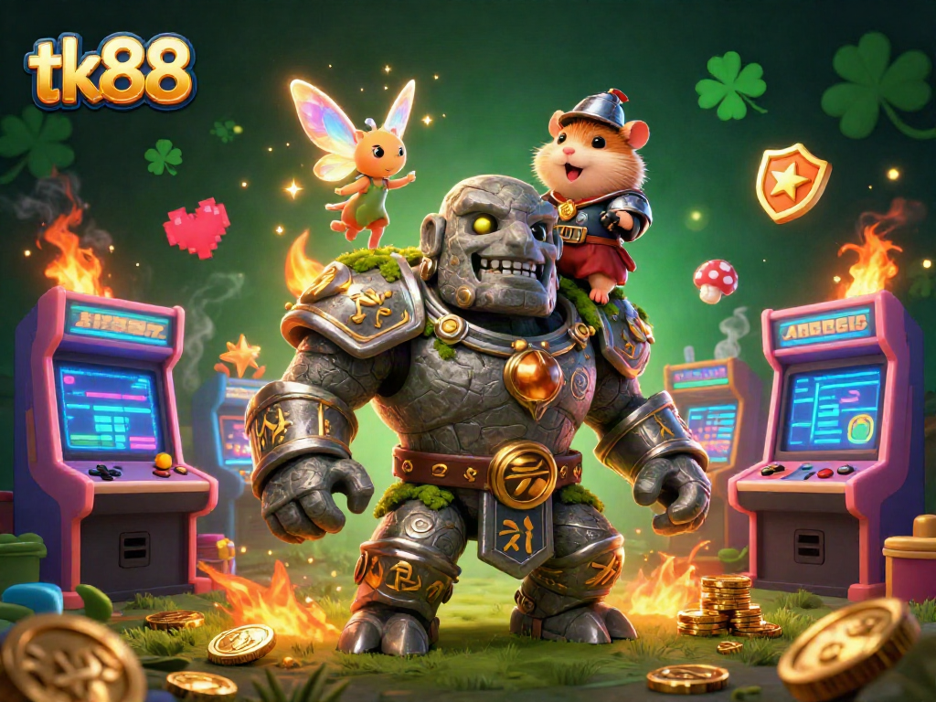 Experience the magic of tk88 with a vibrant 3D illustration merging gaming and casino elements.