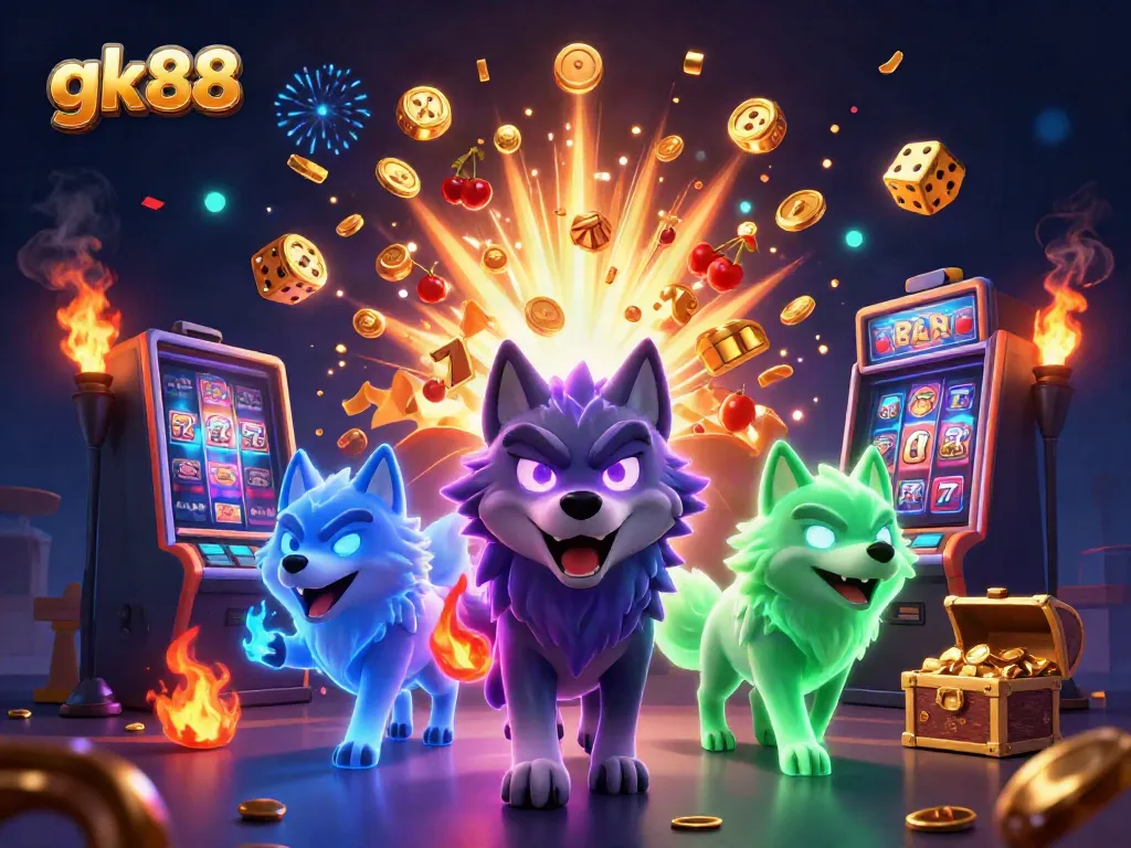 Experience gk88's thrilling gaming world with vibrant slot machine action and enchanting characters.