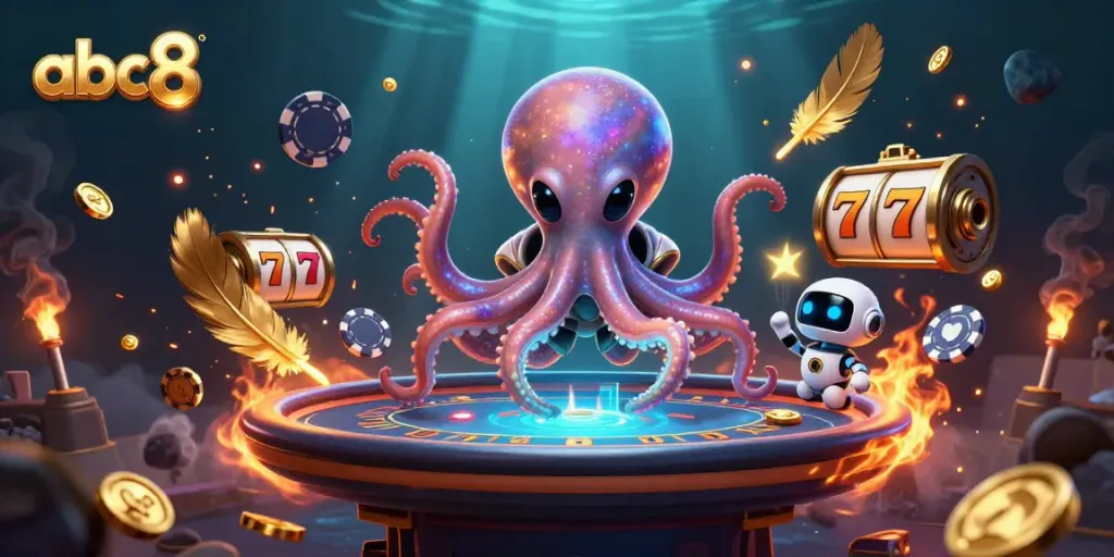 Engage with abc8 slots featuring an alien octopus and a robot at a holographic poker table.