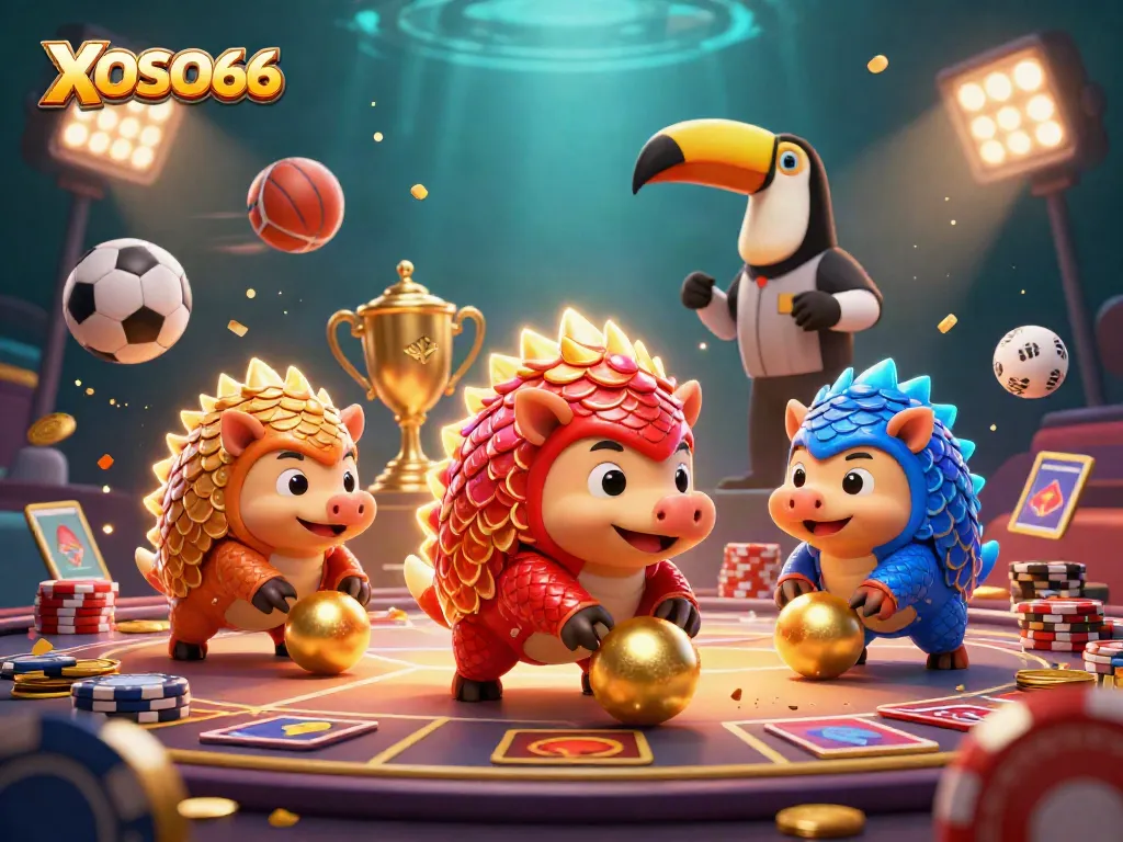 XOSO66 pangolins bowling through poker chips in 3D digital casino scene, showcasing vibrant gambling energy