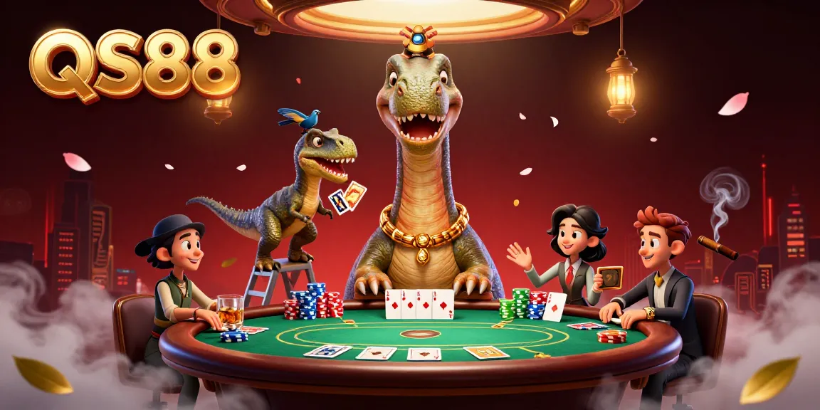 Experience thrilling poker action at QS88 with a giant dinosaur dealer and dynamic chips.