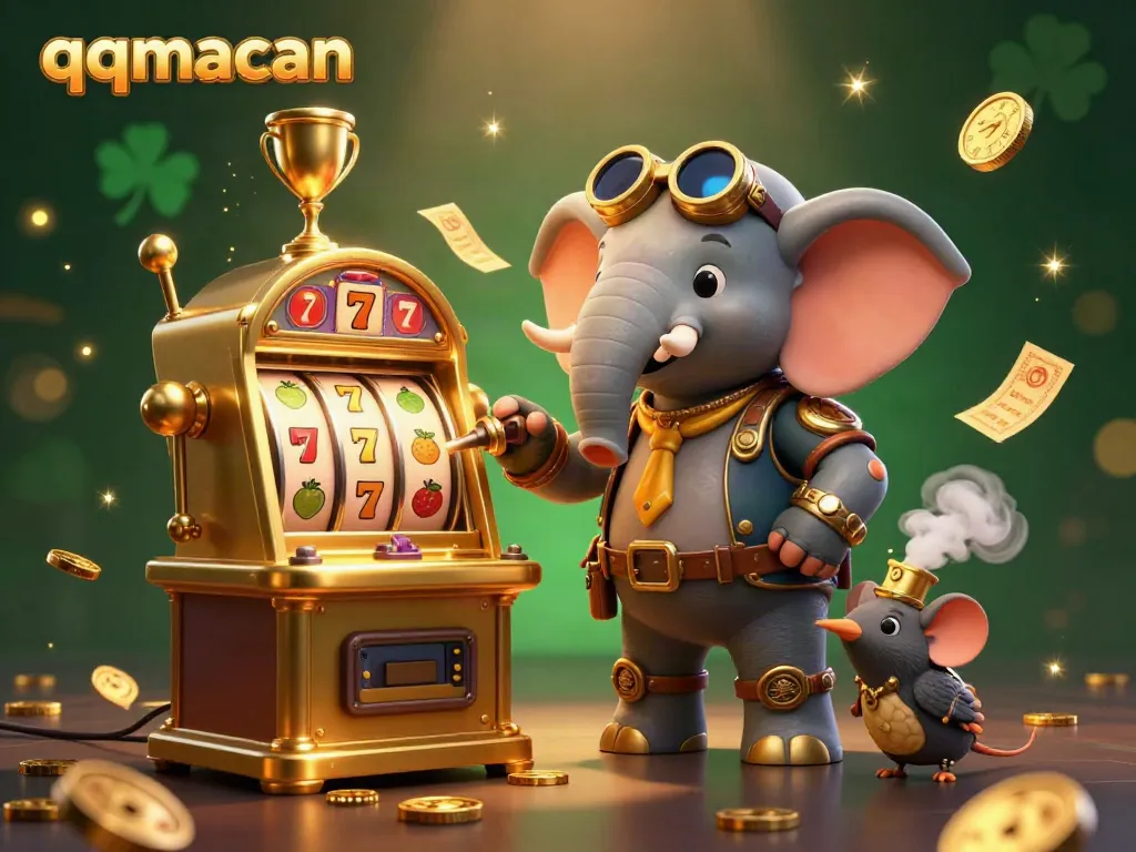 Experience exciting gaming action with qqmacan's golden slot machine and vibrant characters in a casino setting.