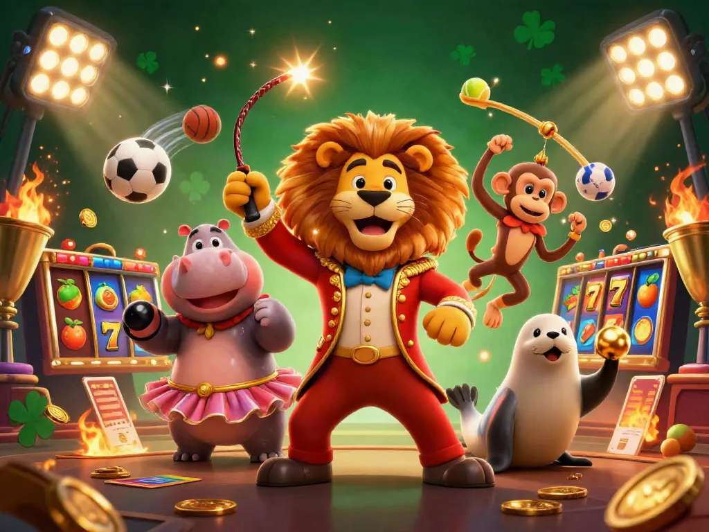 Gali pengalaman bermain di 8TOGEL dengan ilustrasi kasino kartun yang penuh warna dan elemen permainan menarik.