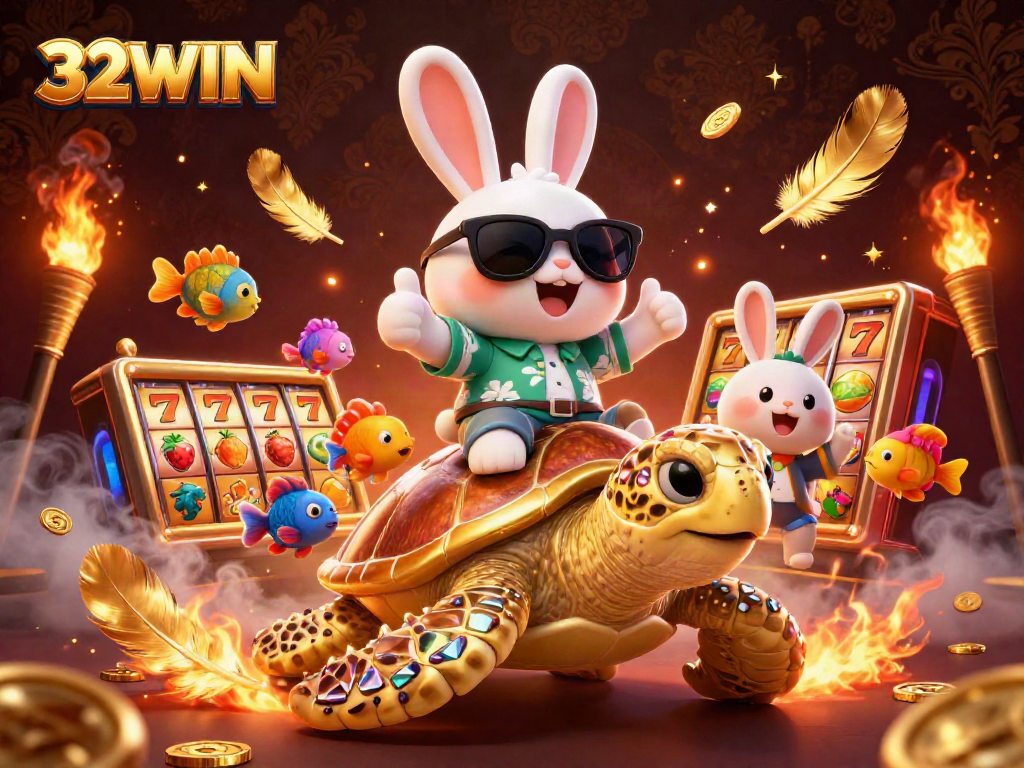 Engage with 32WIN's vibrant casino illustration showcasing a lucky rabbit and golden turtle surrounded by dynamic gaming elements.