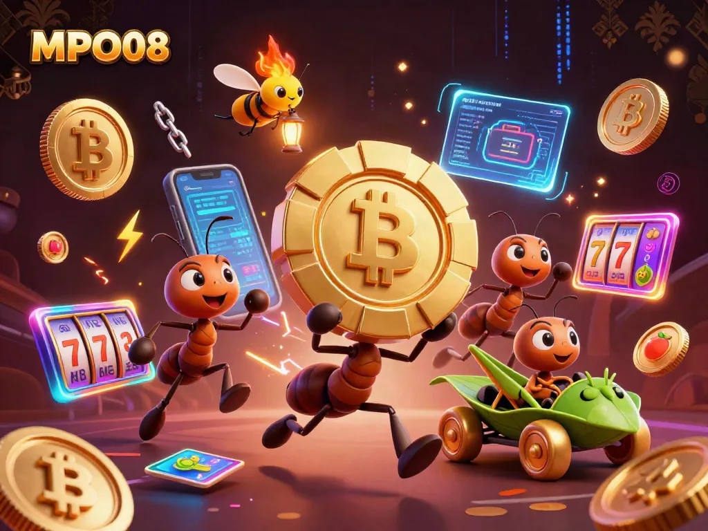 MPO08 highlights a team of ants celebrating a big win at slots, showcasing golden poker chips and vibrant casino elements.