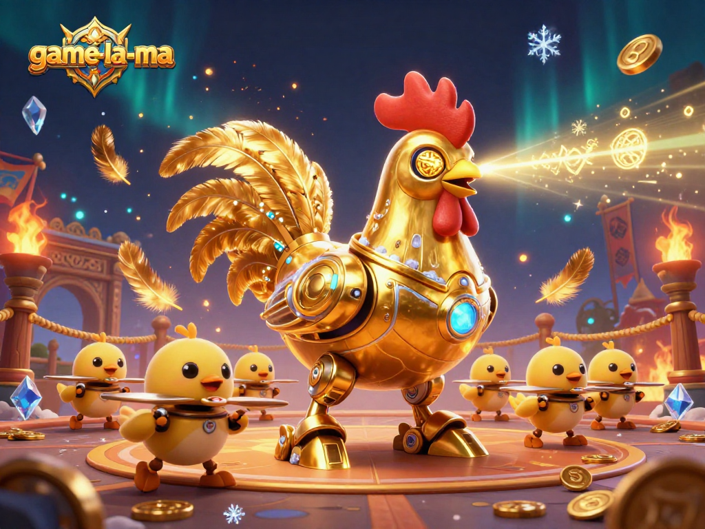 game-la-ma showcases a golden rooster robot in a rich casino battleground filled with gold coins and vibrant energy