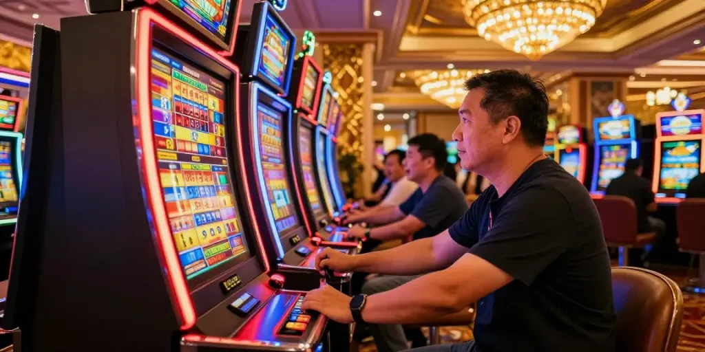 Excited player interacting with a slot gacor machine in a vibrant casino.