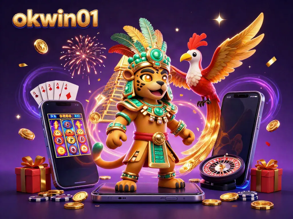 Experience the excitement of gaming with okwin01 through a vibrant 3D illustration featuring unique elements of casino fun.